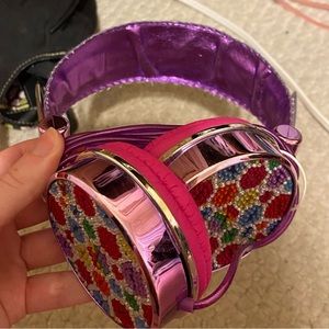 adjustable purple wired headphones with rhinestone lips (used once or twice)